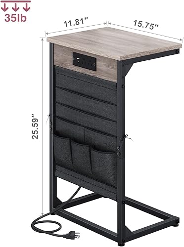 Miniatura 3 de Mesa auxiliar en forma de C con estación de carga rápida, mesa auxiliar de sofá pequeña con bolsa de almacenamiento, mesa de bandeja de sofá para
