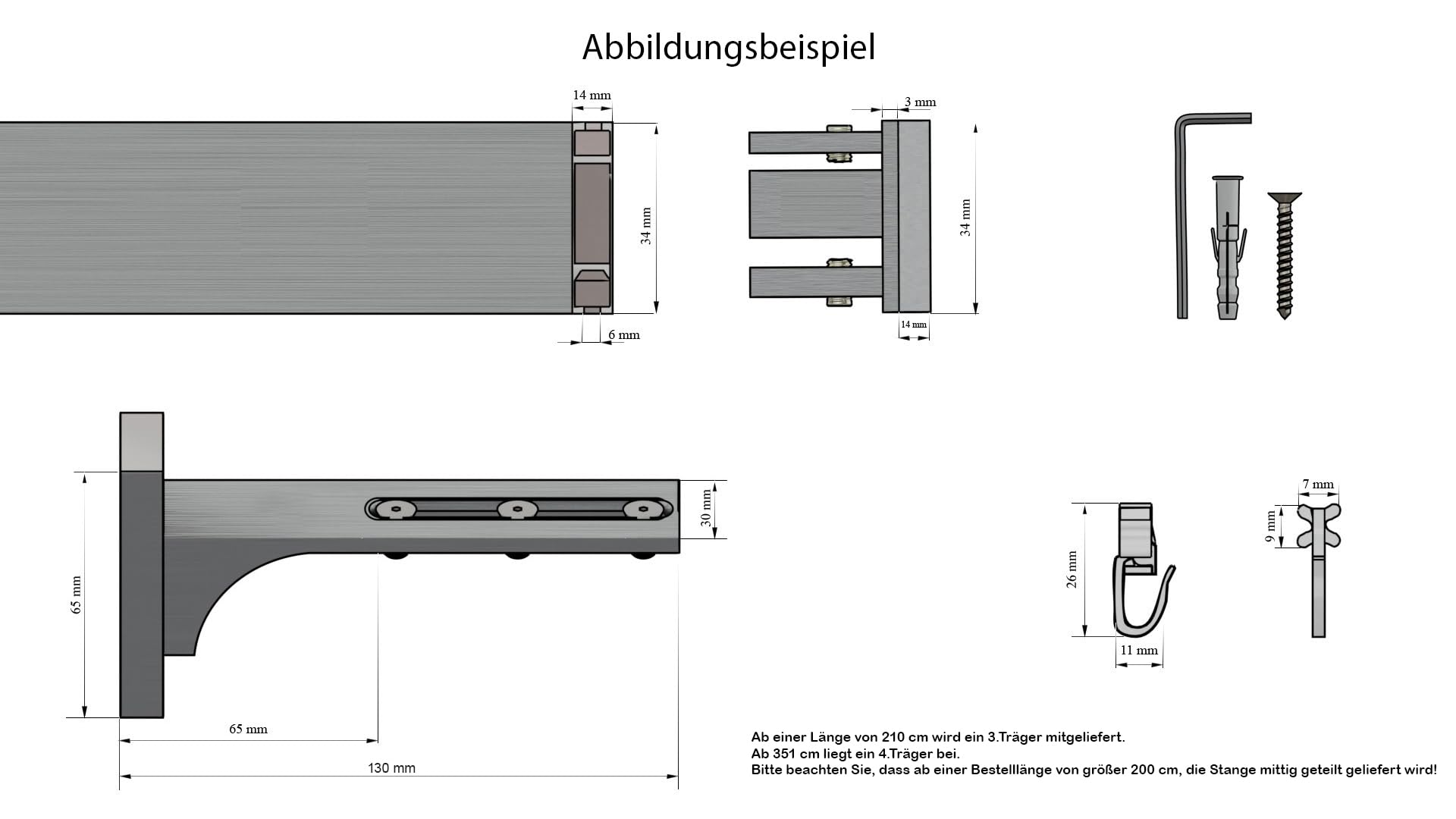 BERN, eckige Gardinenschiene mit Innenlauf aus Aluminium auf Maß, 1-Lauf, weiß, Komplettset mit Zubehör