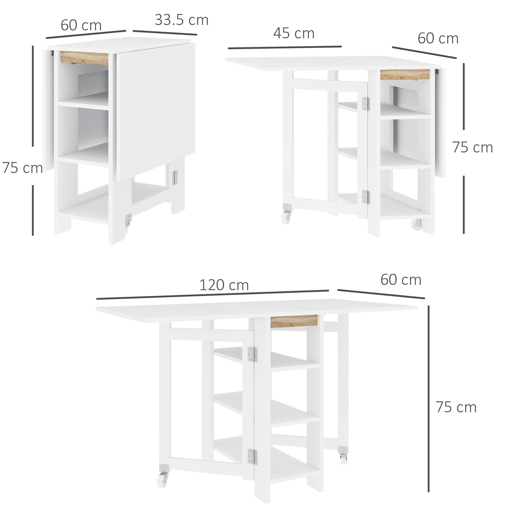 HOMCOM Table à Manger Pliable sur roulettes Moderne 120 x 60 x 75 cm Blanc | Table Pliante Cuisine, 2 Abattants et 3 Étagères, Table de Cuisine pour Petits Espaces