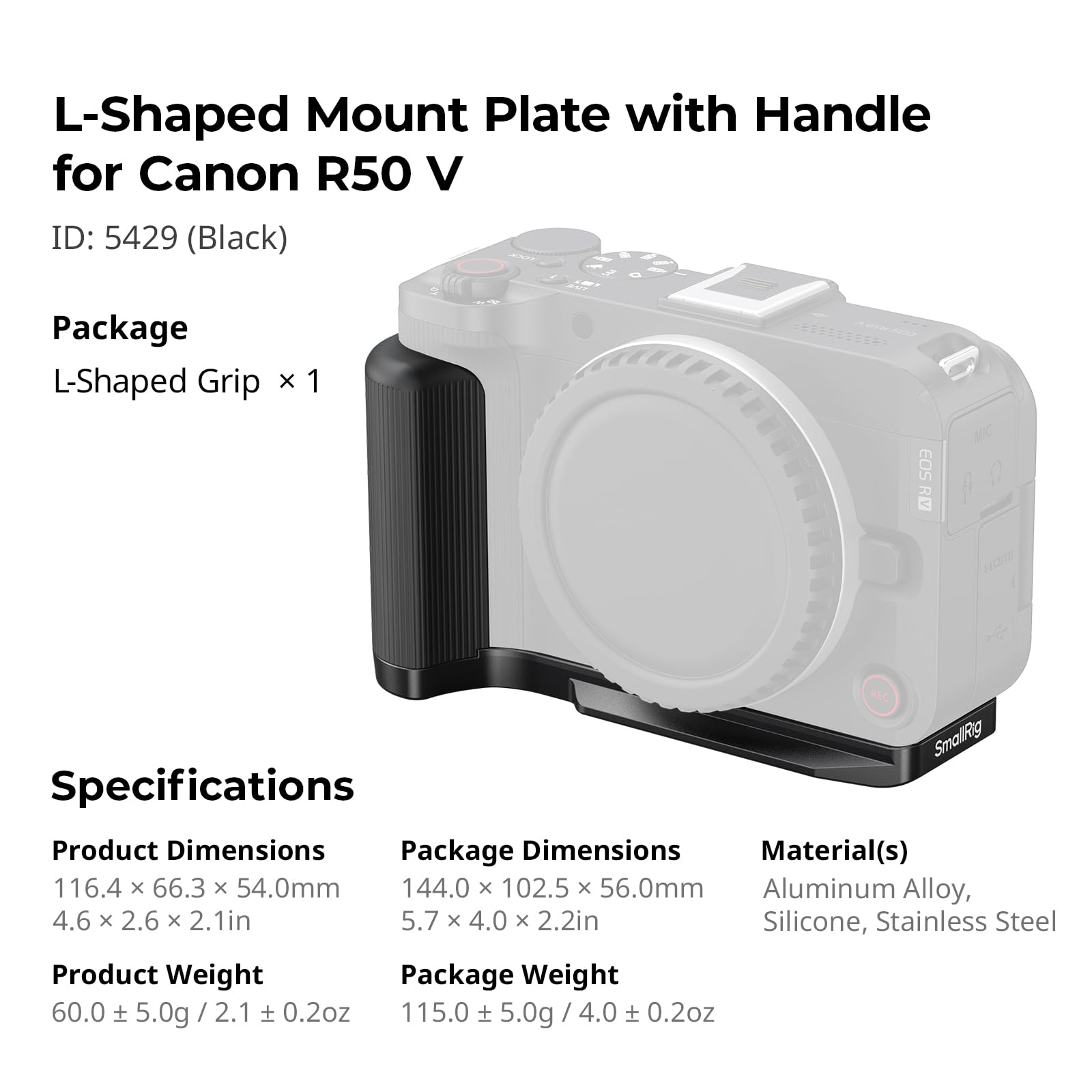 SMALLRIG R50 V Uchwyt w kształcie litery L do Canon R50V z płytką szybkiego zwalniania do Arca, lekki żebrowany uchwyt boczny, mocowanie na zimną stopkę, otwory gwintowane 1/4"-20(czarny) - 5429