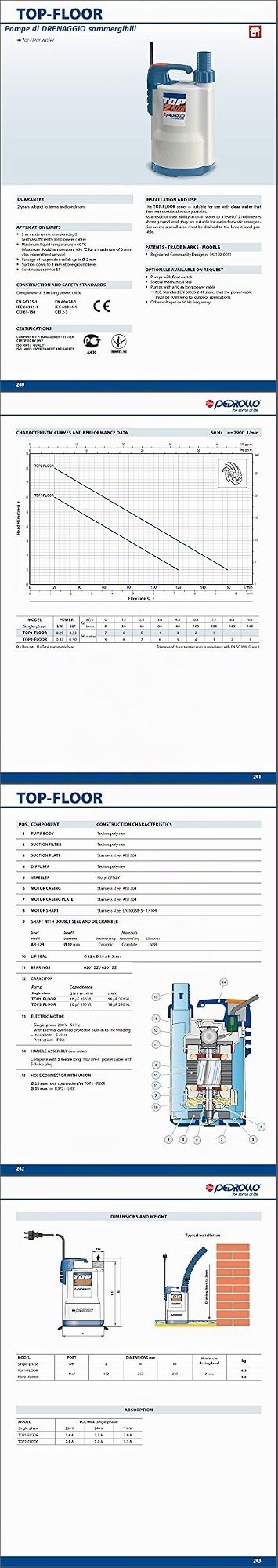 POMPA Acque Chiare Elettropompa Aspirazione fino a 2mm 0,5Hp TOP2FLOOR Pedrollo