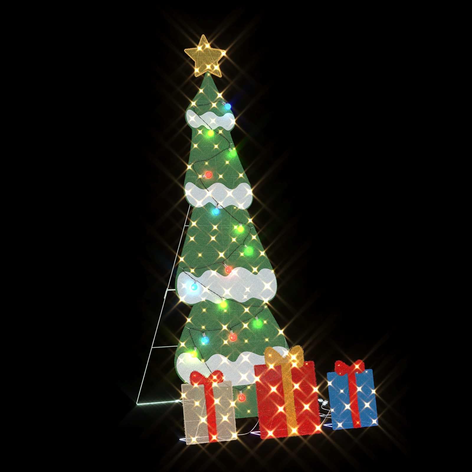 Podświetlana choinka z 3 pudełkami prezentowymi, ozdoba choinkowa 2D ze stali i materiału lametowego, 180 diod LED, ciepła biel, USB, do wewnątrz i na zewnątrz, 50 x 31,5 x 150 cm, z gwiazdą