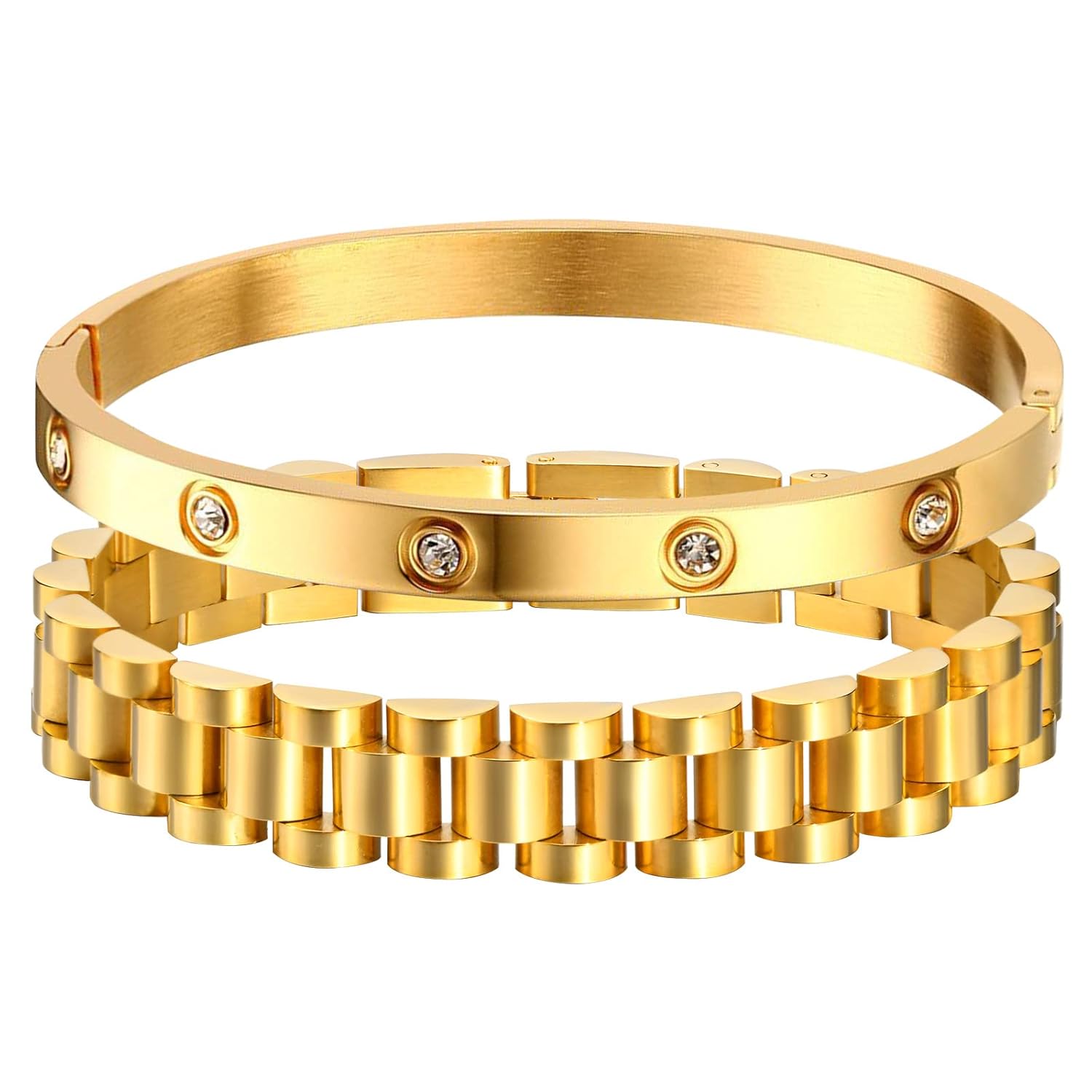 MPRAINBOW 2pcs 18K Gold Plated Chain Link Bracelet Stainless Steel Crystal Friendship Bracelets Bangle Watch Band Chains Wristband