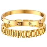 2pcs Gold Chain Link Bracelet&comma; Stainless Steel Crystal Friendship Bracelets Bangle&comma;Watch Band Chains Wristband Jewelry with Adjust Tool
