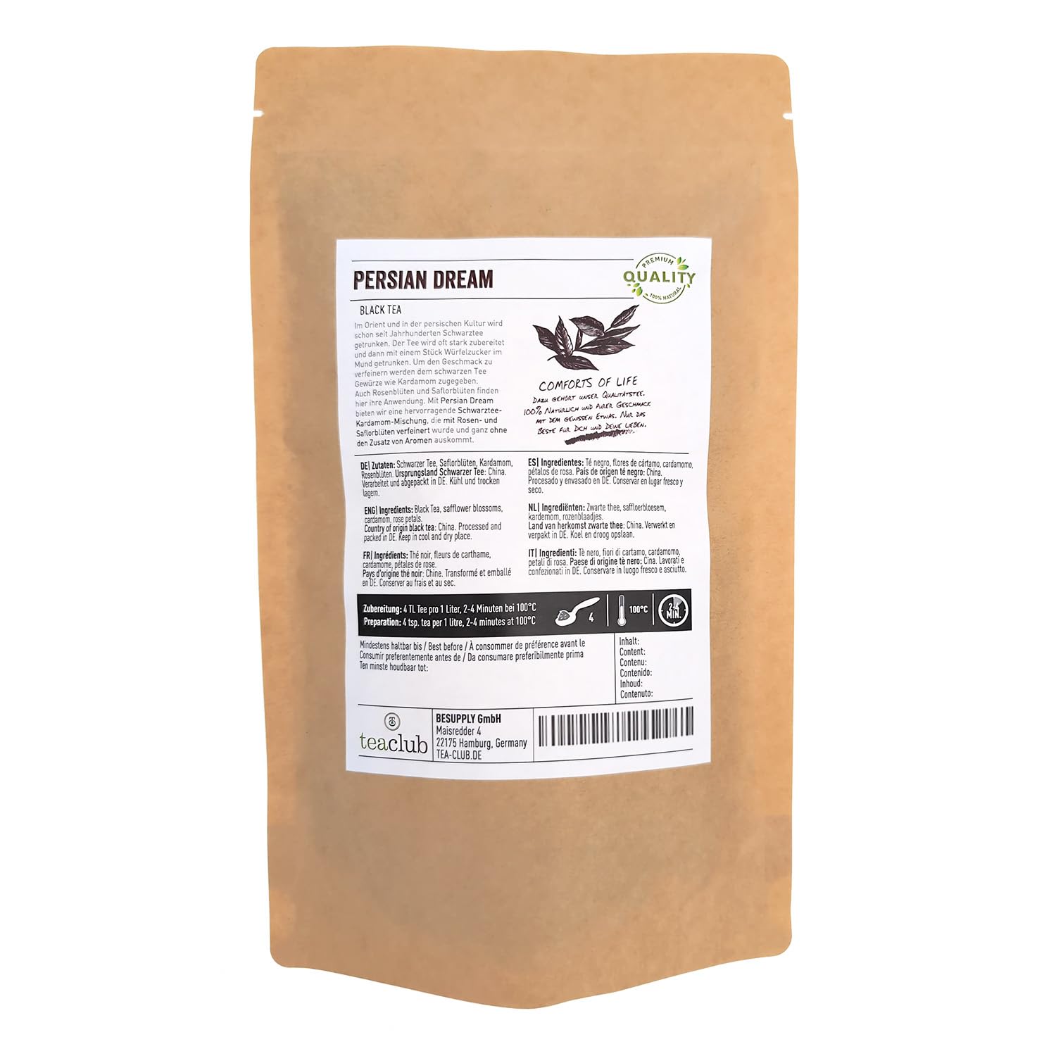 TeaClub Persian Dream Schwarzer Tee Lose 500g – Schwarztee mit Kardamom | Persische Schwarztee-Mischung, Kardamom, Rosenblüten & Saflorblüten, orientalisches Aroma, Persischer Tee im Doypack