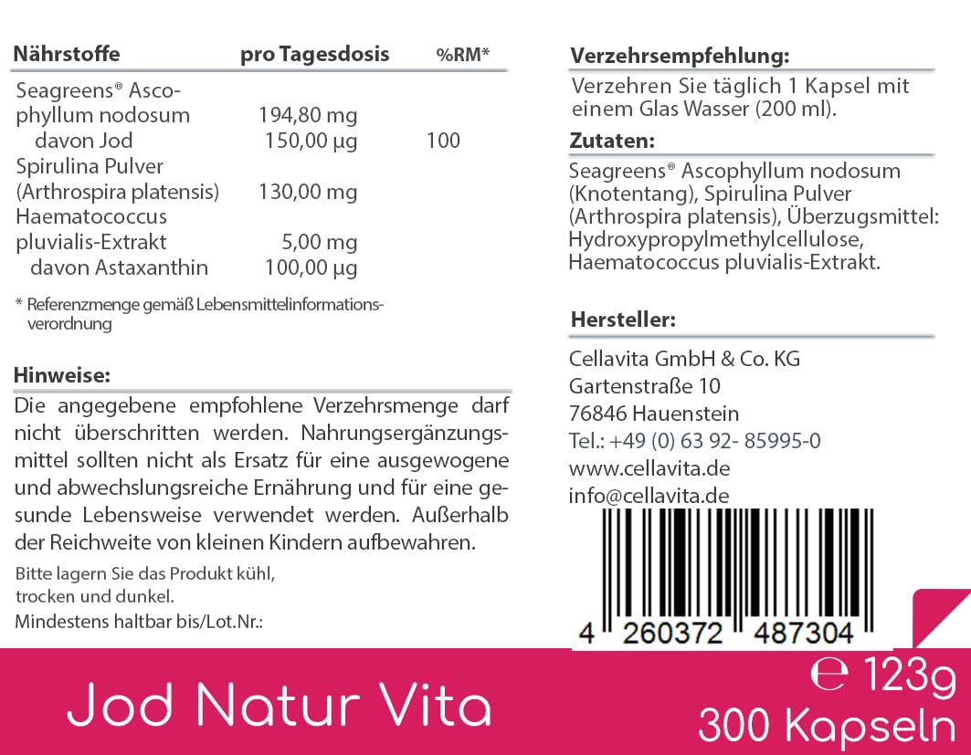Cellavita Jod Natur Vita | aus Kelp Algen mit Astaxanthin - Braunalge Blaualge Blutregenalge | natürliche JOD Quelle | Meeresalgen ohne Zusätze | 300 Kapseln