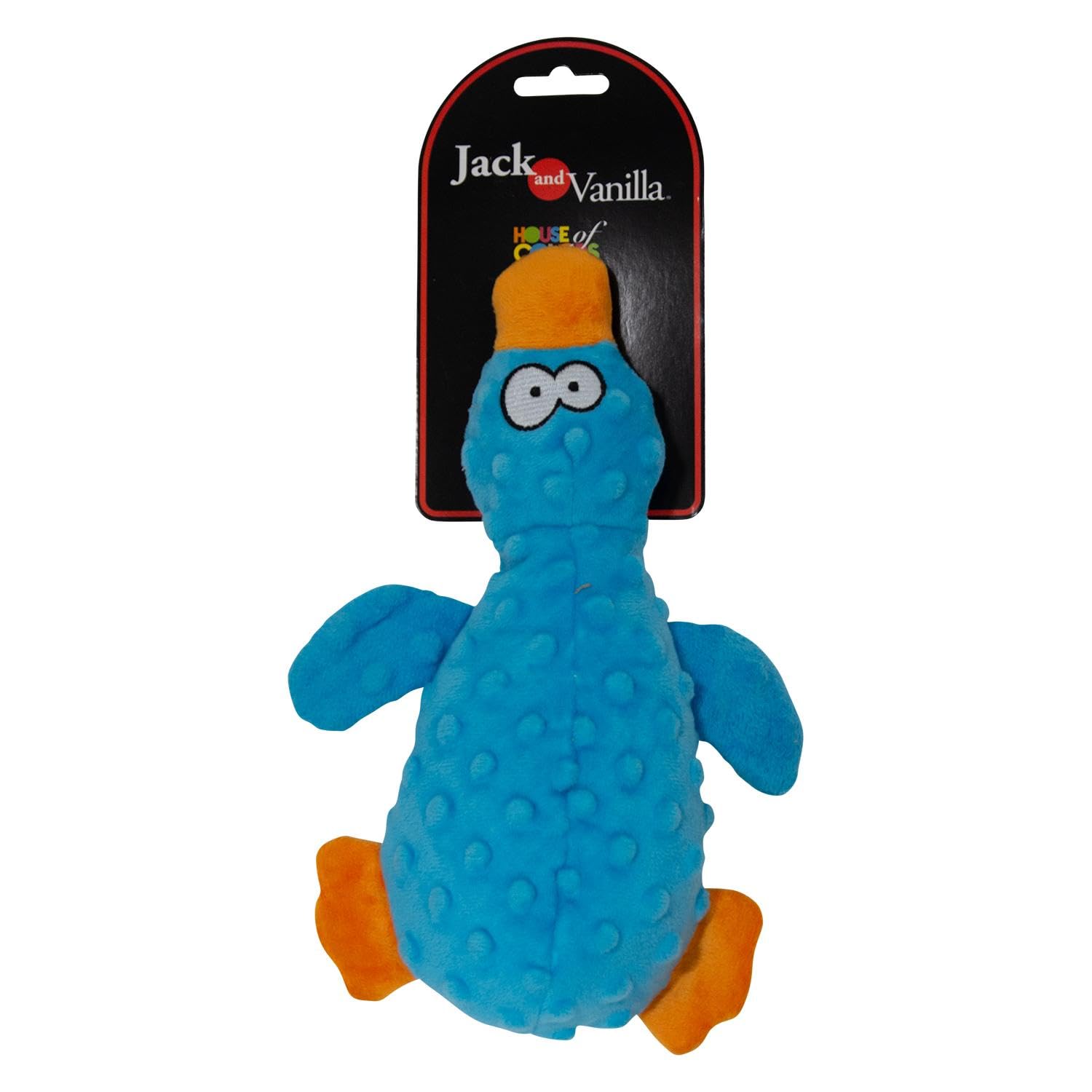 JACK AND VANILLA, Giocattolo interattivo per cani in peluche anatra 25 cm blu, stimola il gioco, resistente, lavabile in lavatrice, ideale per cani piccoli e medi, modello Bubble Plush