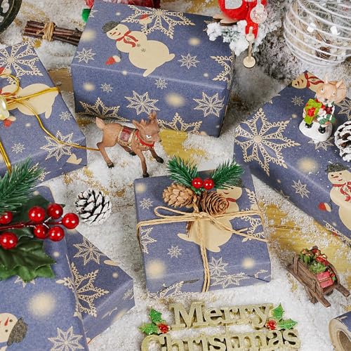 Christmas Wrapping Paper Roll, 43CM x 15M Navy Blue Kraft Xmas Wrapping Paper Roll, Snowman Snowflake Design Gift Wrapping Paper for Christmas New Year Winter Holiday - Image 7