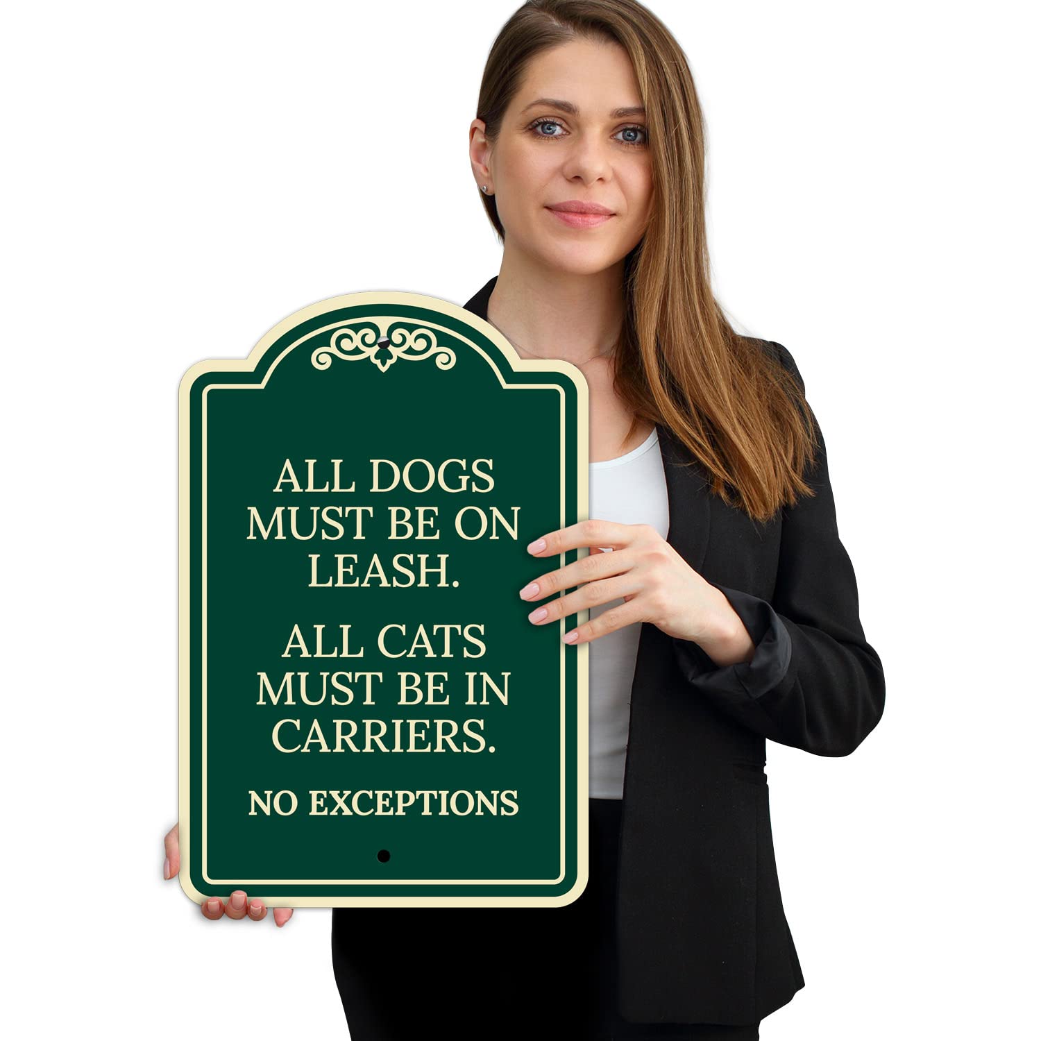 All Dogs Must Be On Leash All Cats Must Be in Carriers No Exceptions Decor Sign, Green Dark, 12x18 Inches, ACM, Fade Resistant, Made in USA