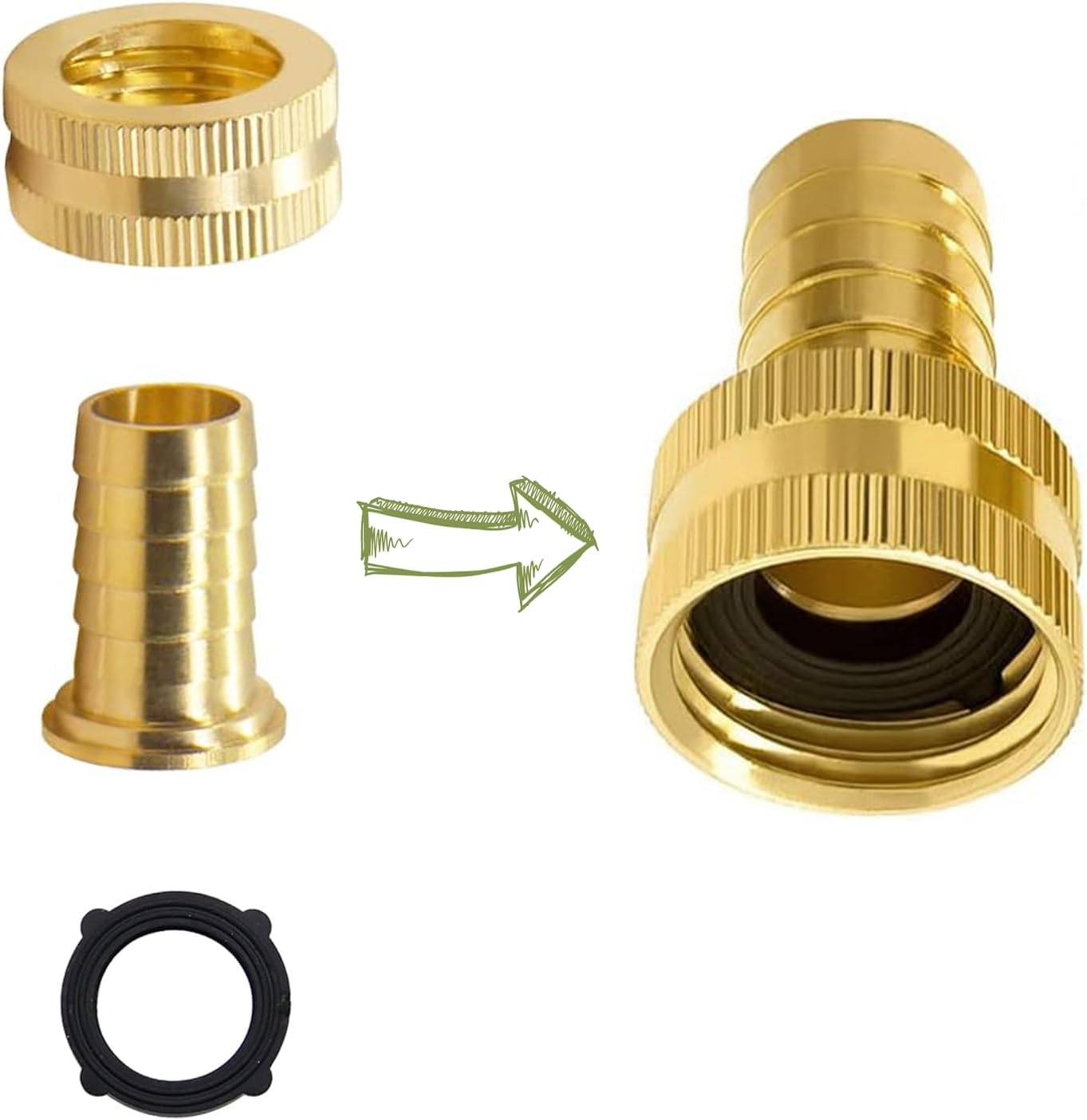 1/4", 3/8", 1/2", 5/8", 3/4" Barb x 3/4 Female GHT Thread（2 pcs of Each） Solid Brass Water Hose End Repair Connector, Includes 14 Stainless Steel Clamps and 14 gaskets