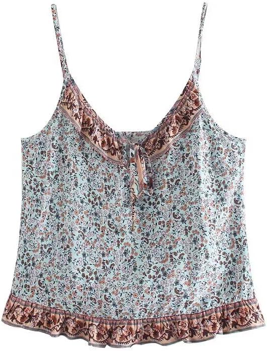 Women's Boho Floral Print Two Piece Set, Spaghetti Strap Cami Top And Ruffle Hem Skirt, Vacation Outfit
