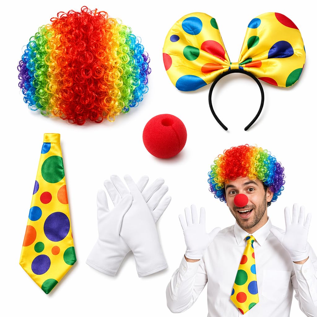 Efuwfugc Clown Costume, Clown Accessories 5-Piece Set with Wig and Nose, Themed Party Outfit for Halloween Events and Circus Performances, Costume Gathering Attire with Gloves and Bow Tie