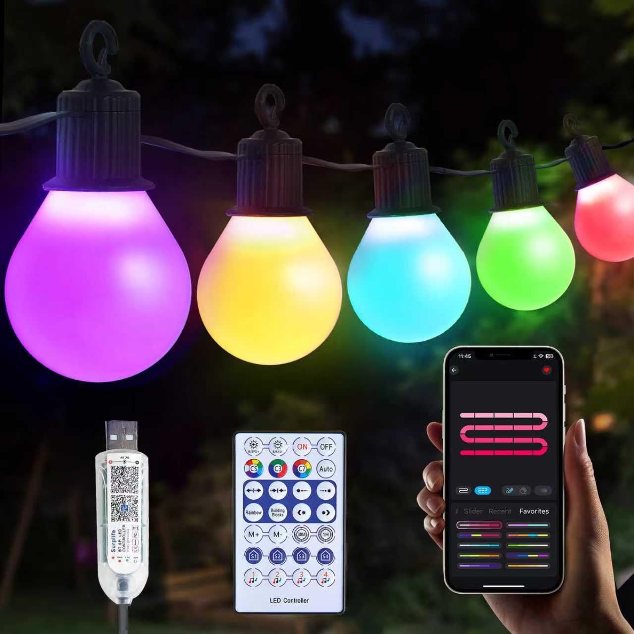 LRGBST 5V USB 30M 50Bulbs Festoon Outdoor Lights, IP65 wasserdichte Garten Fee Lichter mit Bluetooth APP und Fernbedienung für Patio Hochzeit Hinterhof Party Weihnachtsdekor Beleuchtung