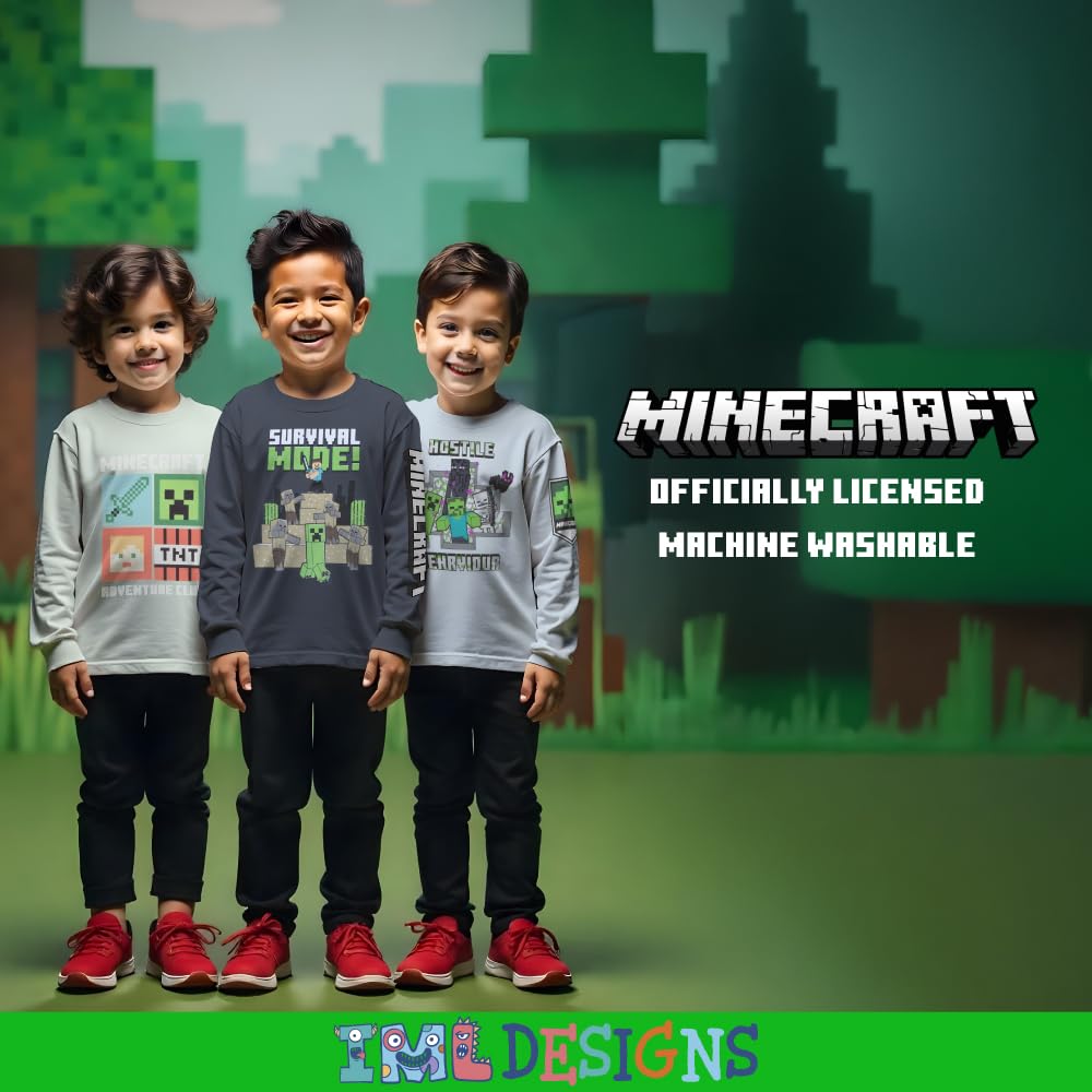 Minecraft Confezione da 3 magliette da ragazzo, a maniche lunghe, stampa grafica, in morbido cotone, magliette da gioco per bambini