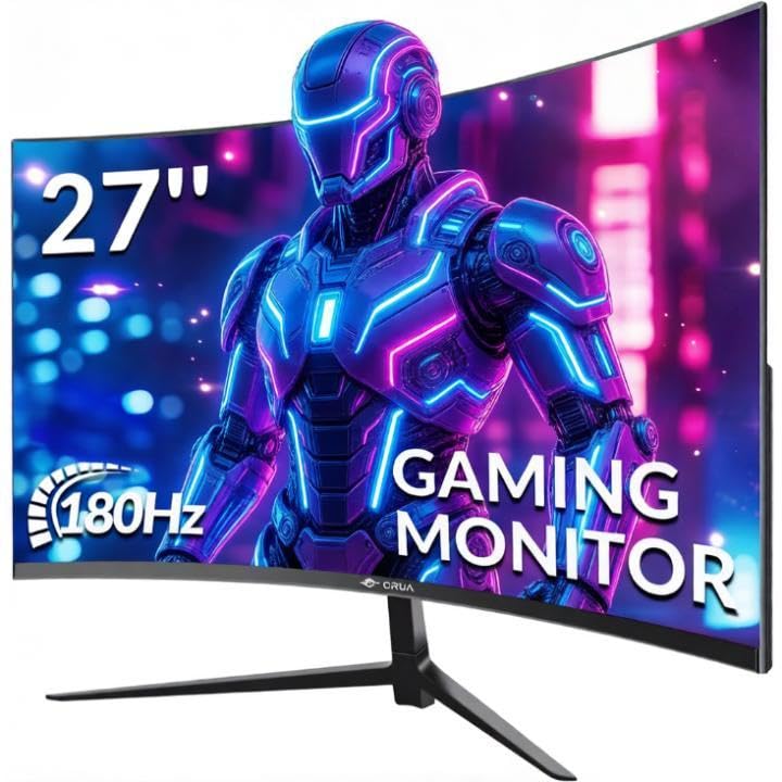 CRUA 27 Zoll Curved Gaming Monitor 165Hz/ 180Hz, PC Bildschirm Full HD 1080P, Rahmenloses Computer Bildschirm mit FreeSync und Eye Care Technologie, unterstützt VESA