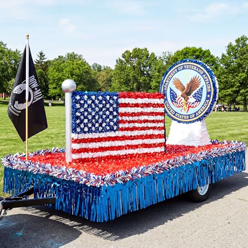 Domensi 11 Pcs Parade Float Decorations for Trailer Kit with 4 Blue Foil Fringe Garland 1 Red Floral Sheeting and 6 Twist for 4th of July Independence Day Patriotic Cheerleader Float Decor