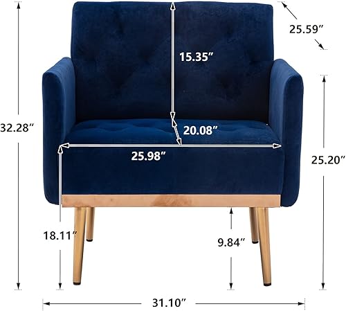 Miniatura 2 de Silla decorativa moderna de terciopelo, sala de estar, dormitorio, sofá individual (con pies de metal dorado), asiento de reposabrazos de TV,