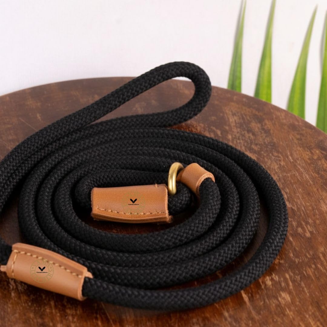 Vama Leathers Dogs British Style Training Leash Slip Leash Adjustable LengthIStrong & Durable Training Show LeashISoft Nylon RopeILeather TrimsIMade In IndiaI5 Feet X 1 CmIBlack