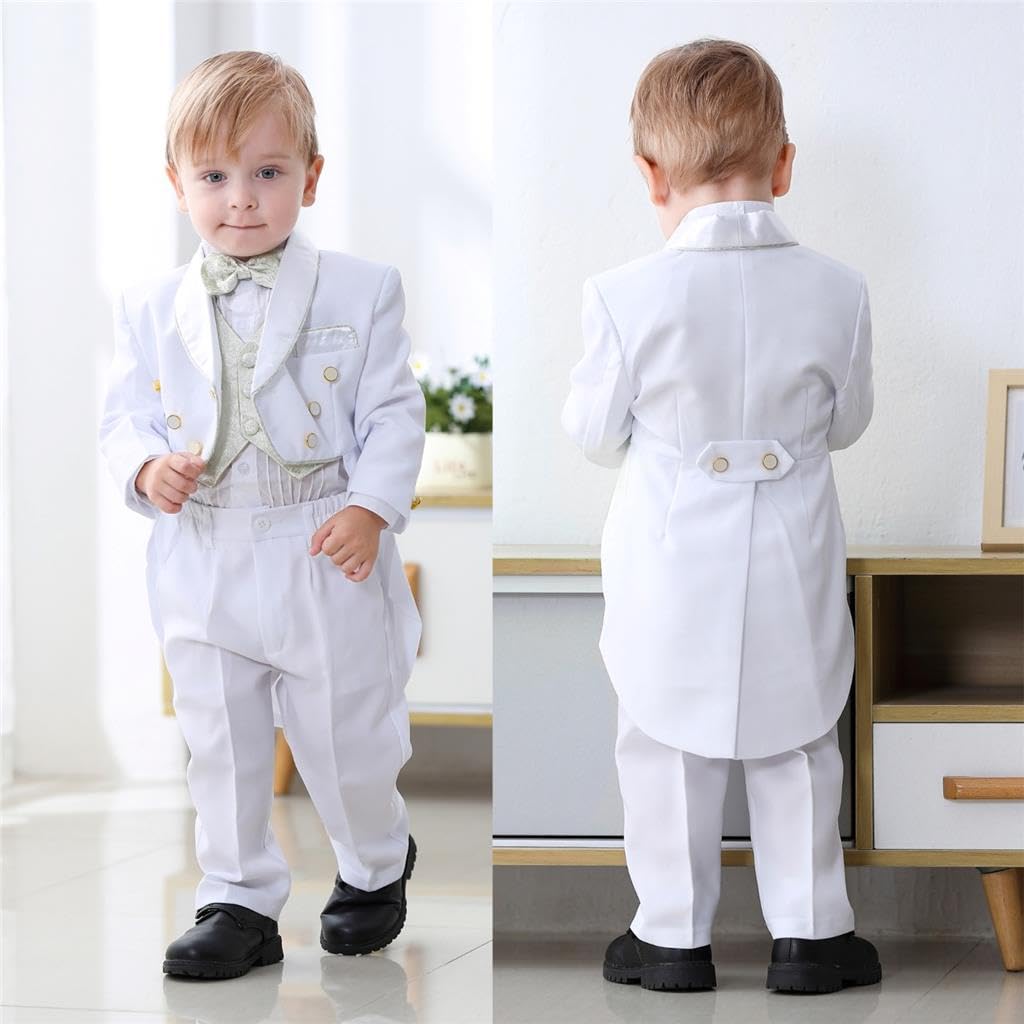 Lito Angels Smoking per Bambino Bimbo, Set da 5 Pezzi (Giacca, Camicia, Jacquard Gilet, Pantaloni e Papillon), Nero e Oro