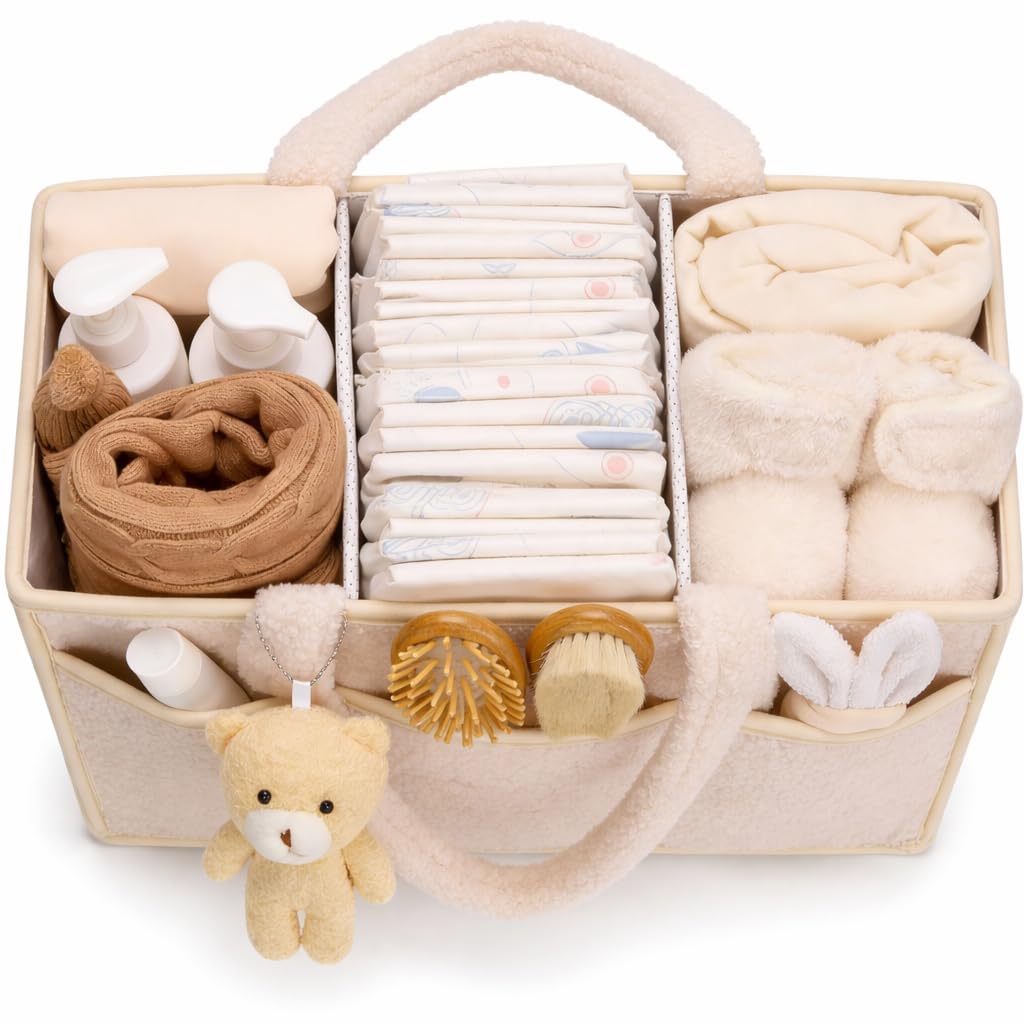 NSXVIA Baby-Windel-Caddy Organizer für Wickeltisch, Baby-Aufbewahrungskorb für Windeln und Feuchttücher, Geschenk für Babyparty, Auto-Caddy Organizer, Kindergarten-Windel-Organizer (cremeweiß) - 4