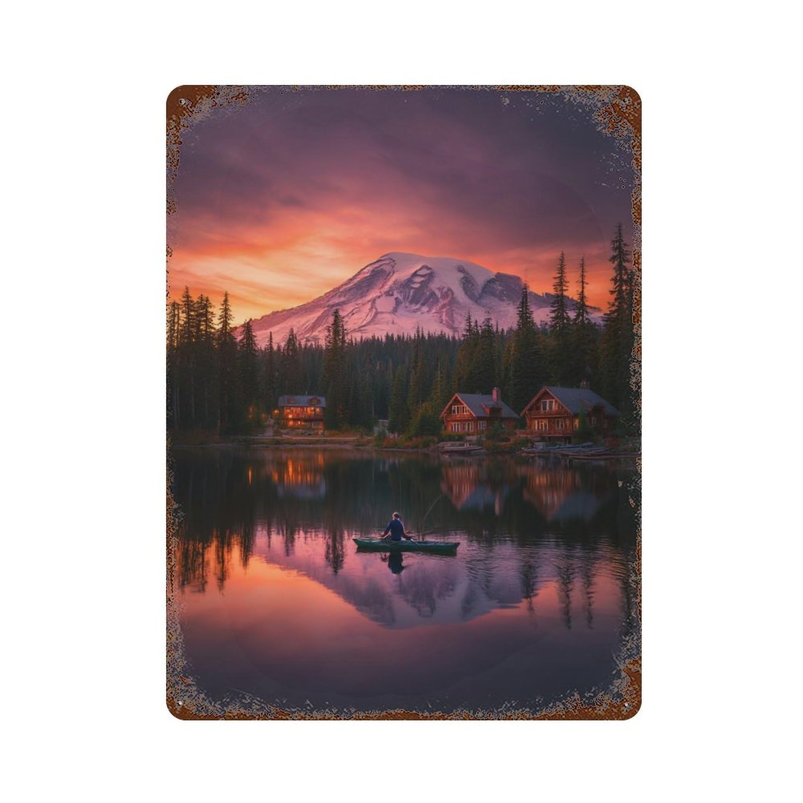 Mountain Lake Sunset Reflections-3 Distressed Metal Wall Sign 15.7"x11.8", Ideal for Pub, Kitchen And Man Cave Decor