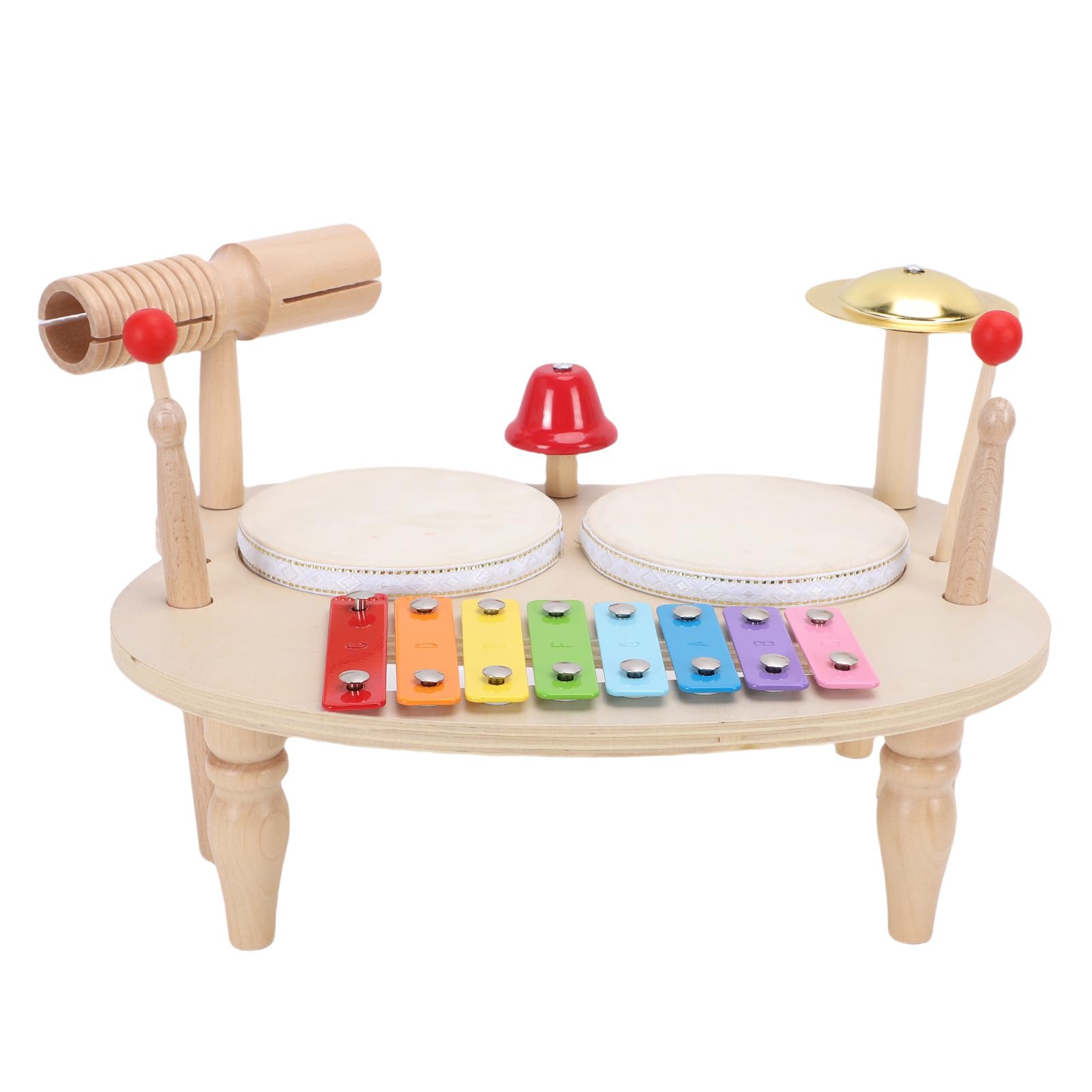 Jiawu Set di Batteria per Bambini in Legno, Costruzione in Tiglio Codificato a Colori per l'apprendimento degli Strumenti a Percussione in Legno, Giocattolo Musicale in con Bacchette e Accessori per