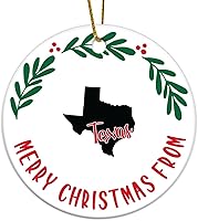 Vista 1 de Adornos de Navidad del estado de Texas, Feliz Navidad del estado de Texas, adorno redondo de porcelana, decoración de árbol de Navidad, regalos