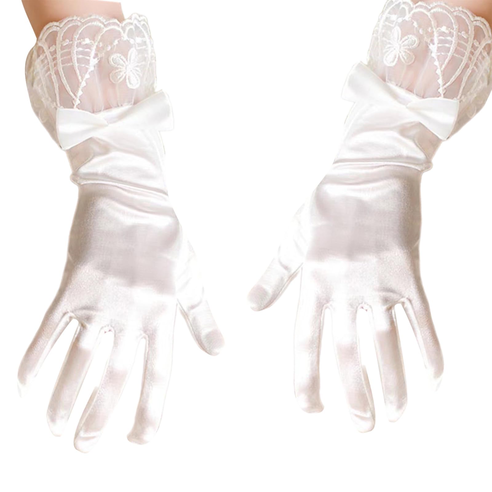 Nawwgy Lace Gloves Wedding Dancing Gloves Proms Party Supply Full Finger Stretchy Gloves for Concert Operas White Satin lace Full Finger Gloves