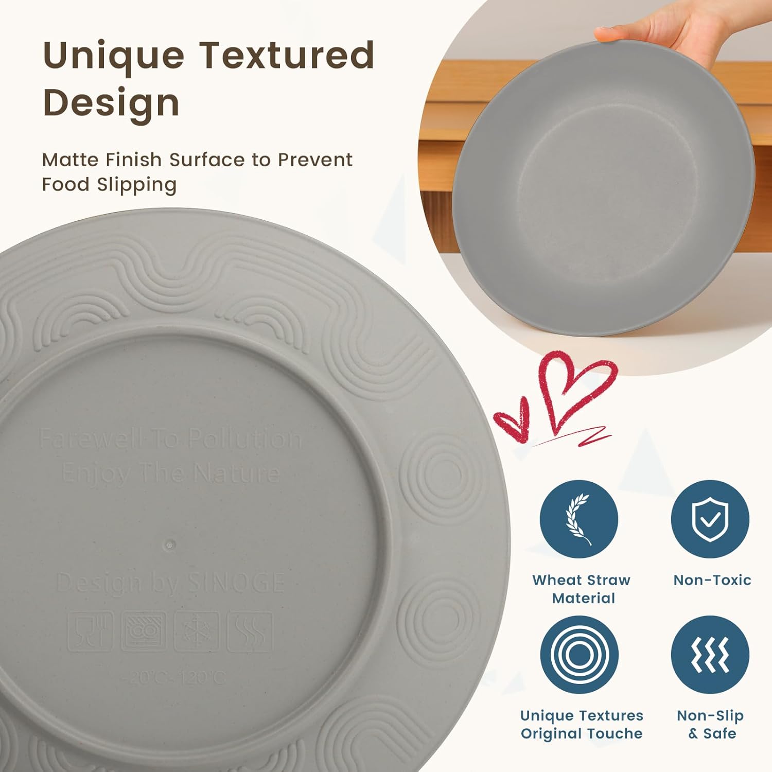 Homienly 40-Piece Wheat Straw Dinnerware Sets, Non Breakable Dinnerware, Cups, Plates and Bowls Sets for 8 - Microwave Dishwasher Freezer Safe, Grey