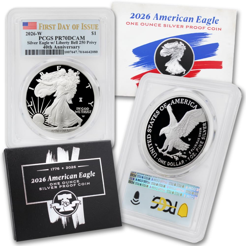 2026 W 1 oz American Silver Eagle Proof Coin PR-70 Deep Cameo (First Day of Issue - 40th Anniversary - Liberty Bell 250 Privy - Flag Label) with Official Government Packaging $1 PCGS PR70DCAM