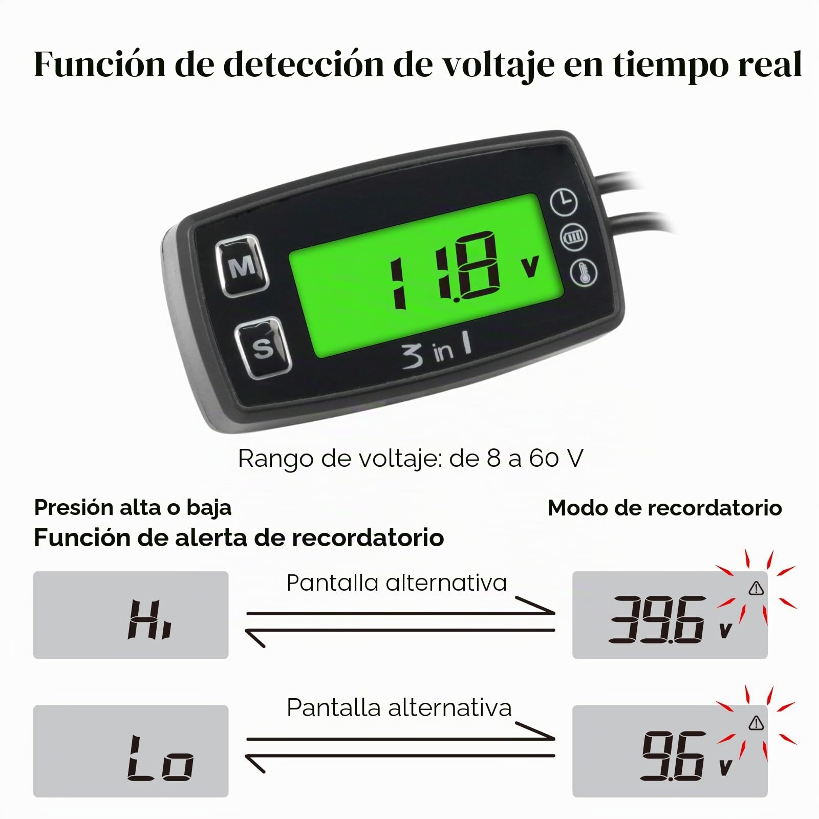 Medidor de temperatura del motor, voltímetro, reloj de 24 horas con alerta de sobretemperatura, función de retroiluminación verde para cortacésped, sierras de cadena, motocicletas, motores