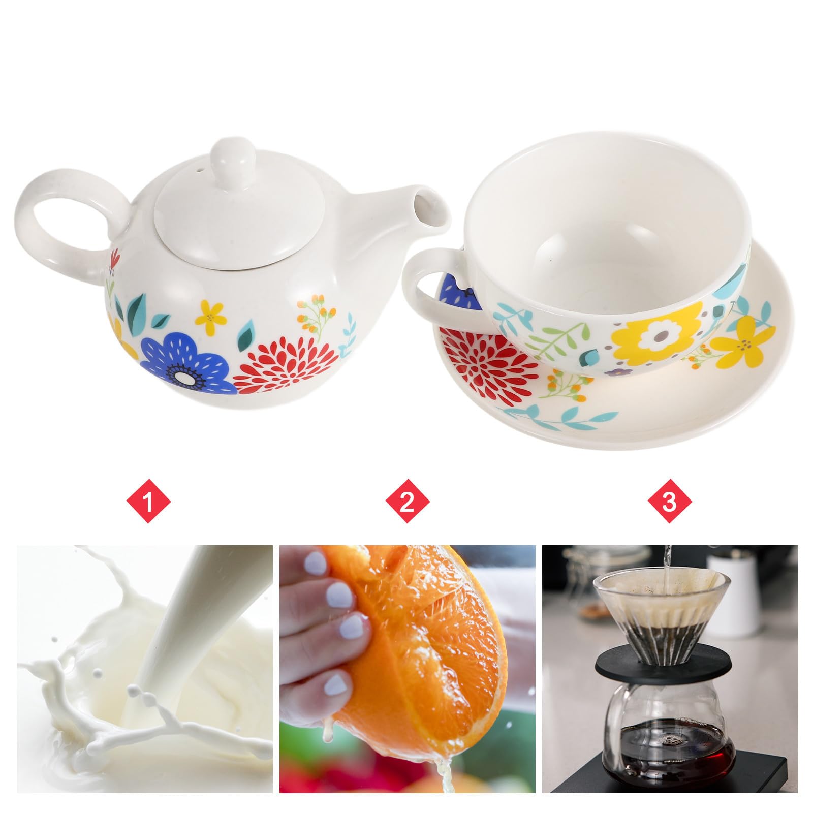 Juego de Té Portátil de Cerámica con Tetera de 480 Ml | Incluye Taza de 350ml y Platillo, Estilo Retro Clásico con Superficie Brillante y Delicada