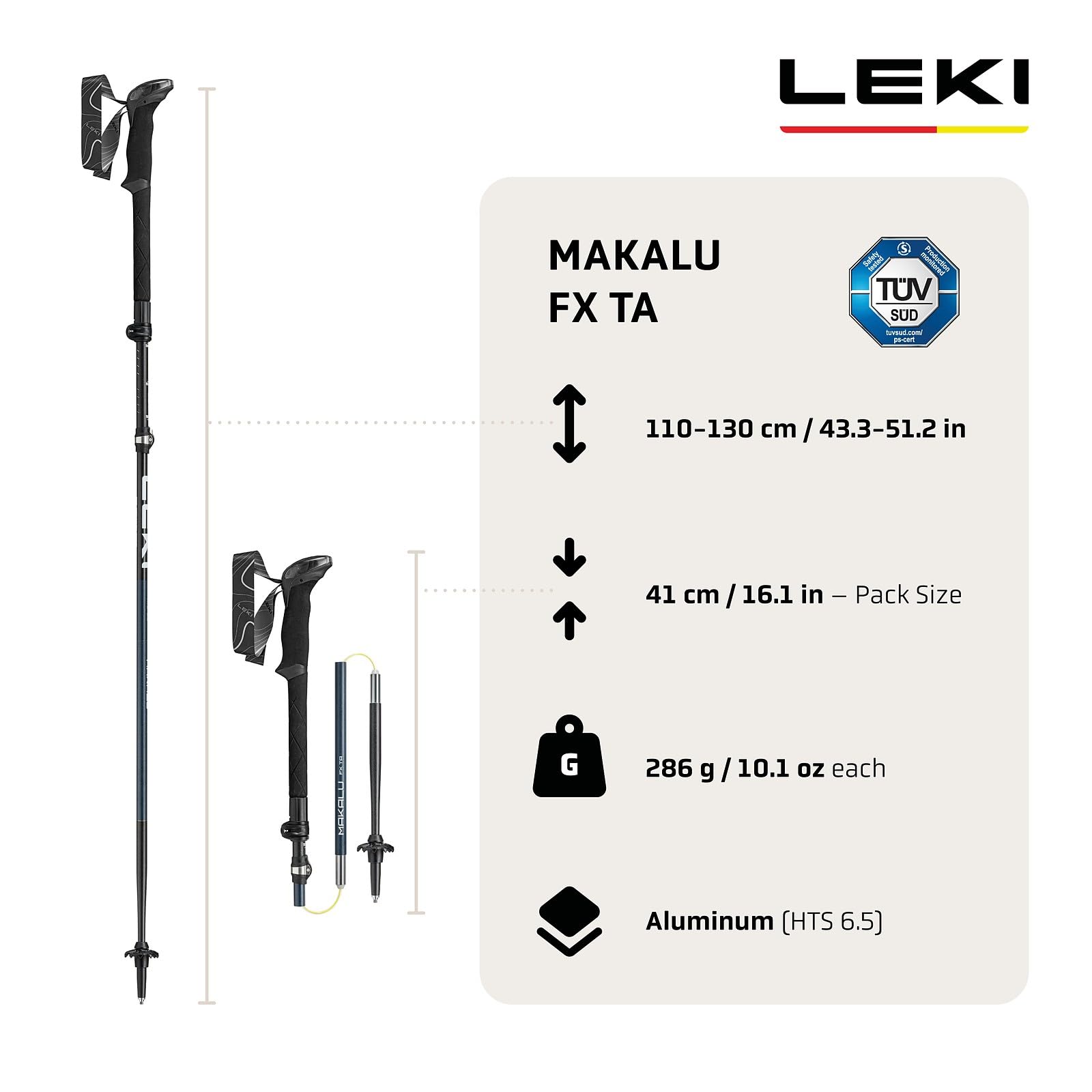 LEKI Makalu FX Ta - Bastoni da Trekking Pieghevoli in Alluminio (100-130 cm), con Piastra da Trekking, Regolabili con Impugnatura Aergon Air