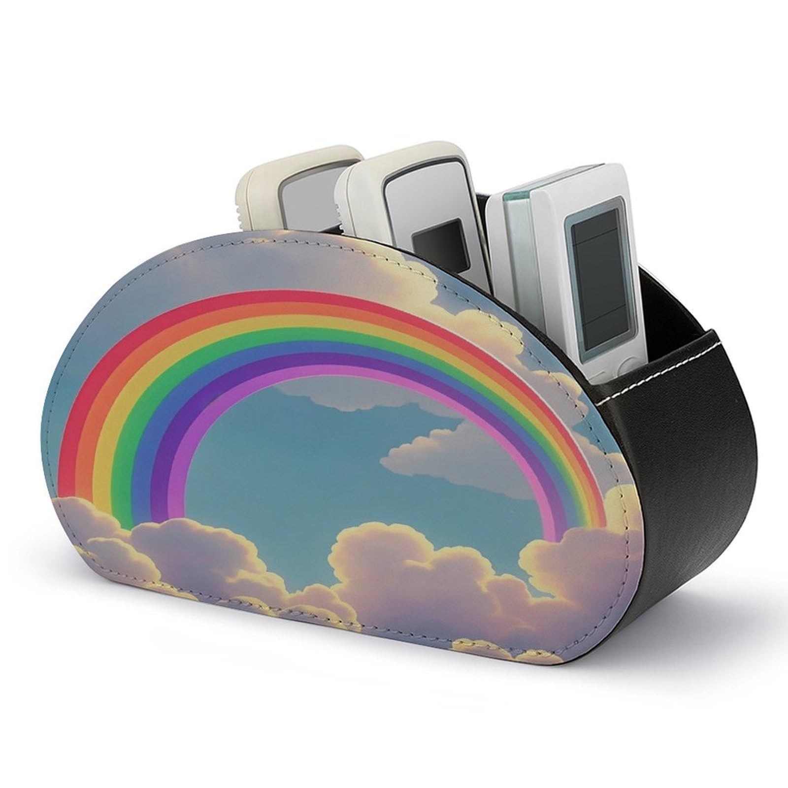 FekiLoot Leather Remote Control Holder with 5 Compartments Rainbow Remote Caddy Desktop Organizer Store TV Remote Holder Remote Organizer for Bedside Table Office Desk