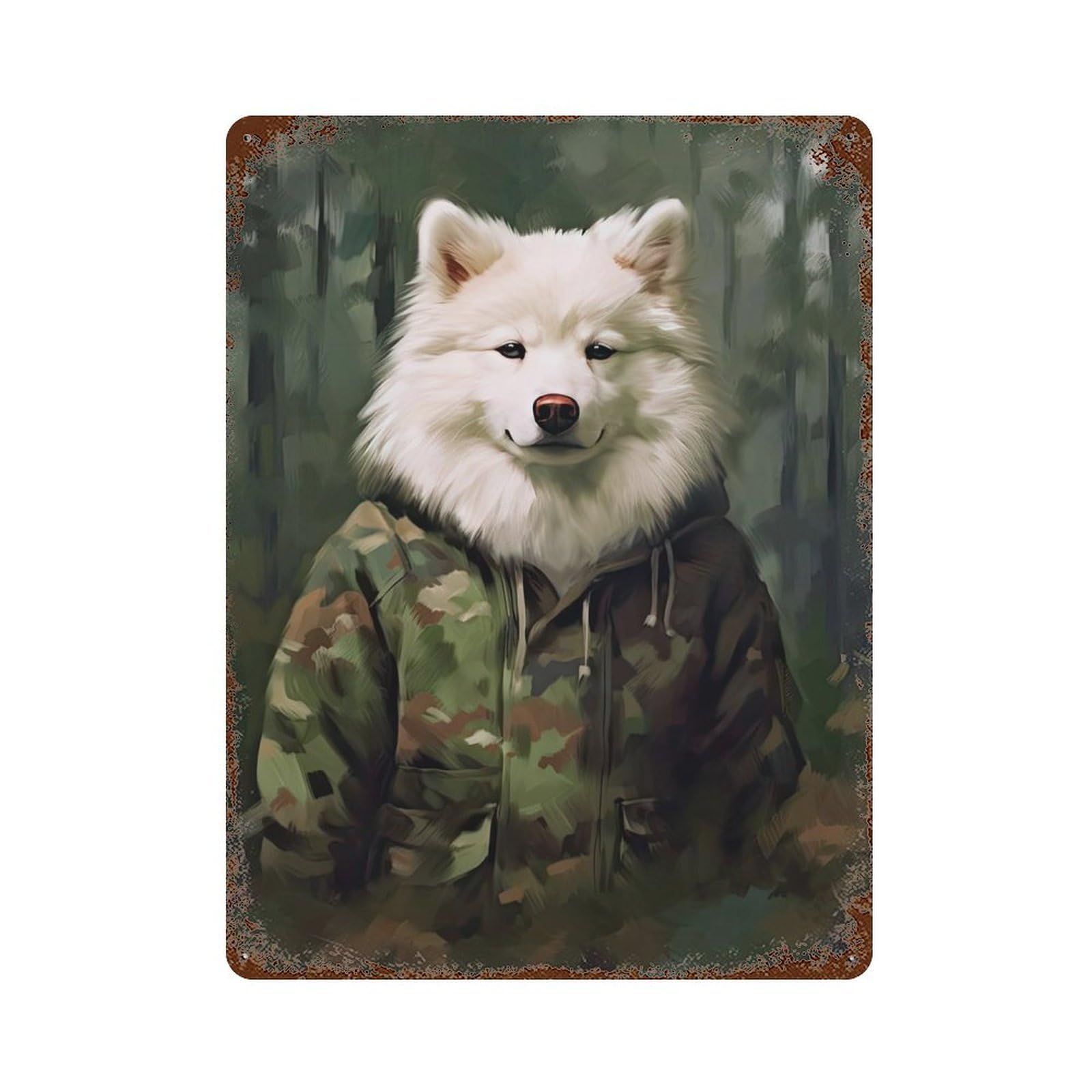 Samoyed Camo Jacket Decorative Tin Sign 15.7"x11.8", for Bistro, Counter And Cafe Decor, Retro Wall Decor