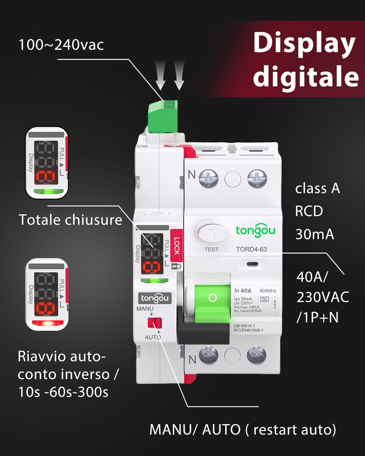 TONGOU Salvavita a Riarmo Automatico Tipo A 30mA con Display Digitali a Conto alla Rovescia - Interruttore Differenziale Riarmo Automatico 40A 230V - 3 Moduli