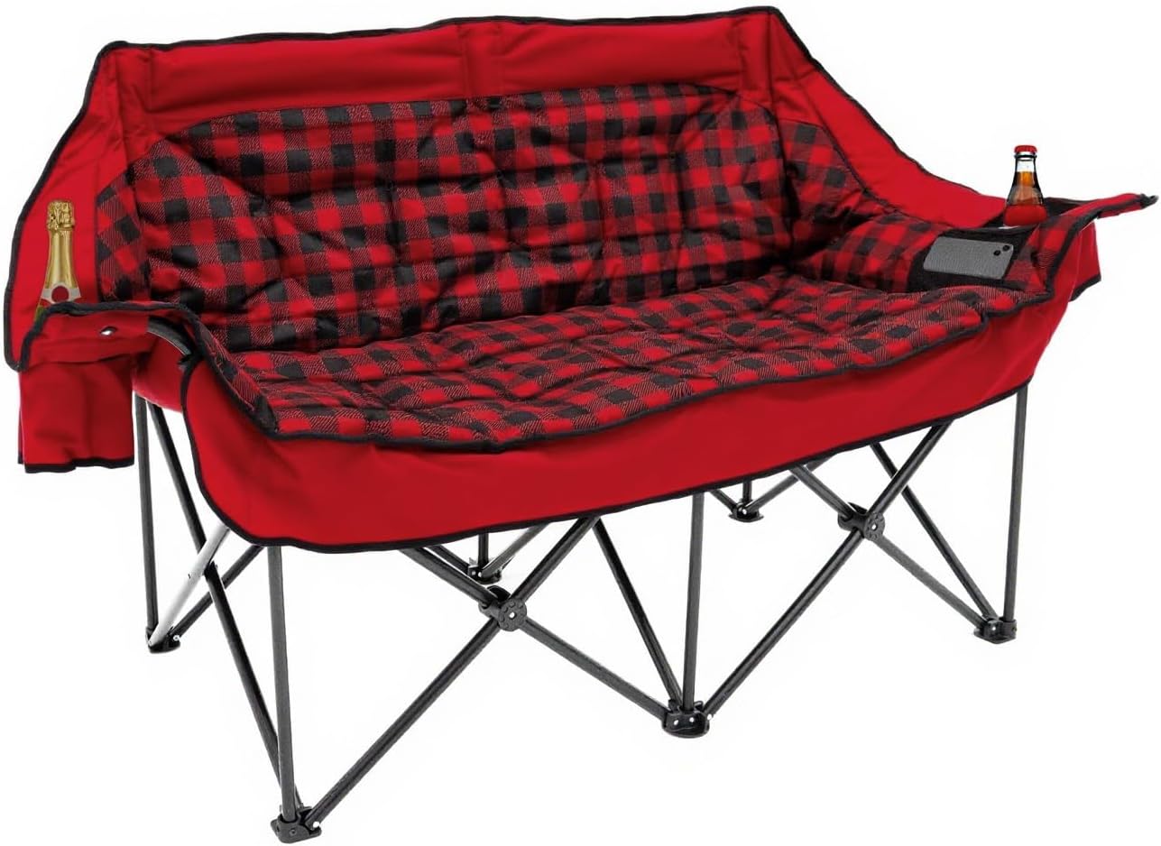QUYUAN Double Seater Camping Chair, Padded Loveseat Chair for 2 Person, Oversized Heavy Duty Folding Camp Chairs, Camping Couch for Soccer Games, Tailgating, RV Travel, Beach Days, Outdoor Sofa (Red)