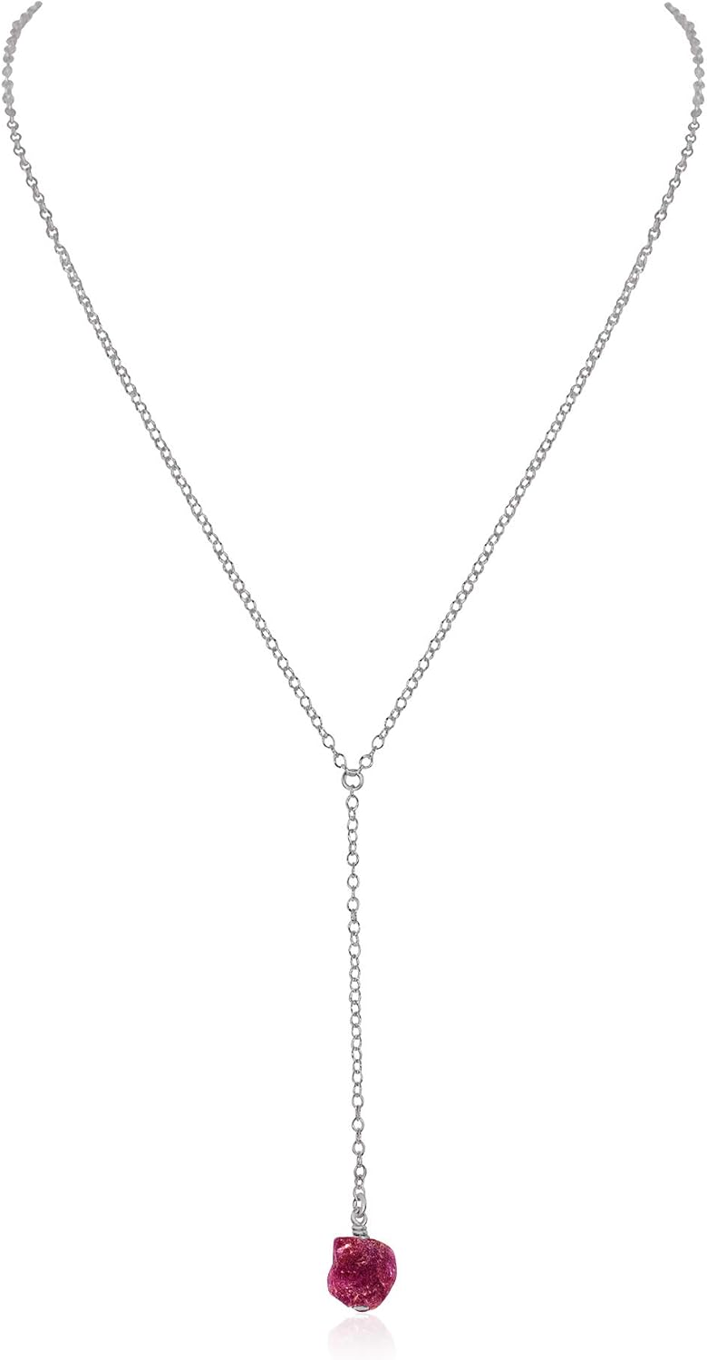 Luna Tide Ruby Raw Nugget Lariat in Stainless Steel