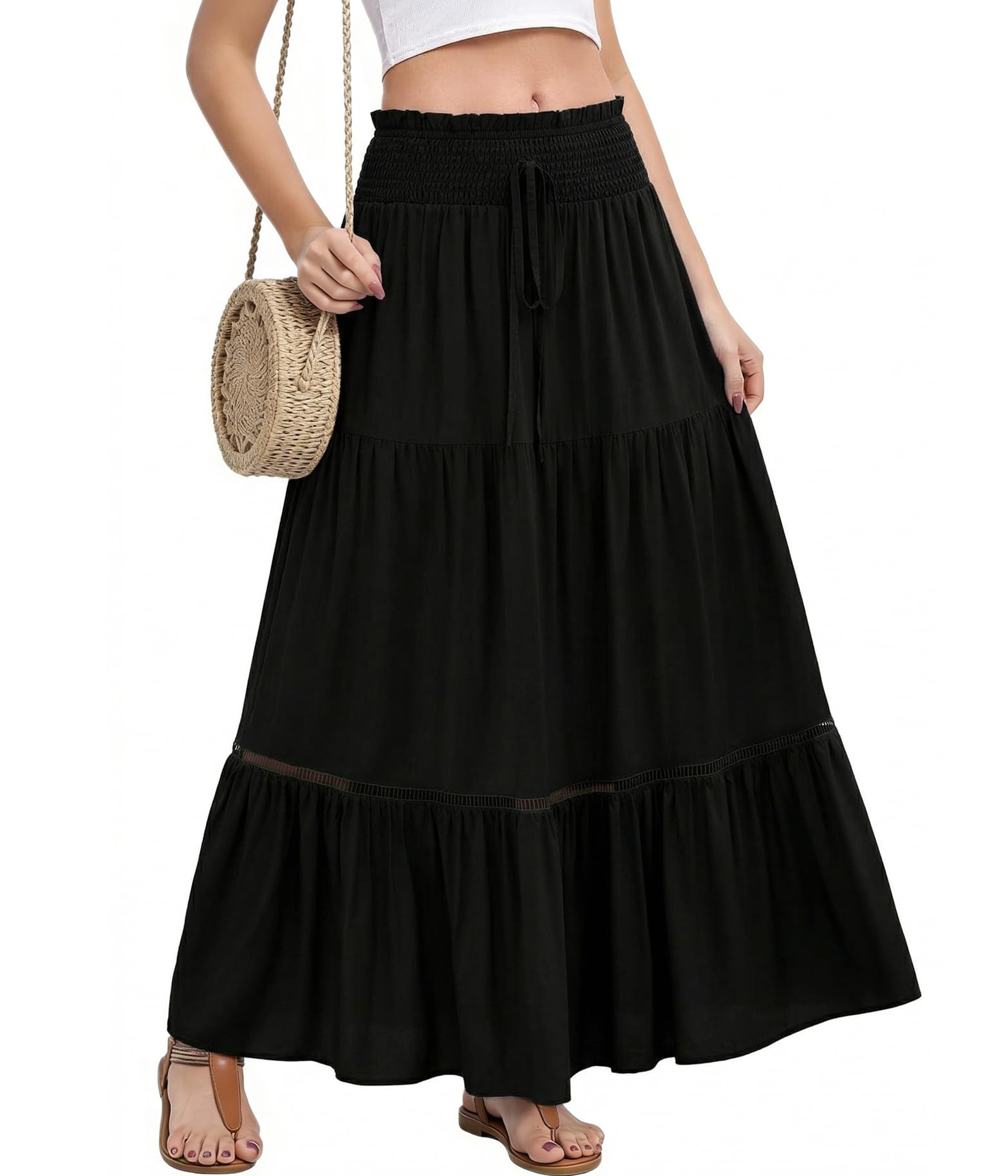 HEEKPEK Gonna Donna Estivi Elastico a Vita Alta Gonna A-Line Pieghettato Gonna Elegante Casual Cravatta Frontale Maxi Lunga Gonna con Coulisse