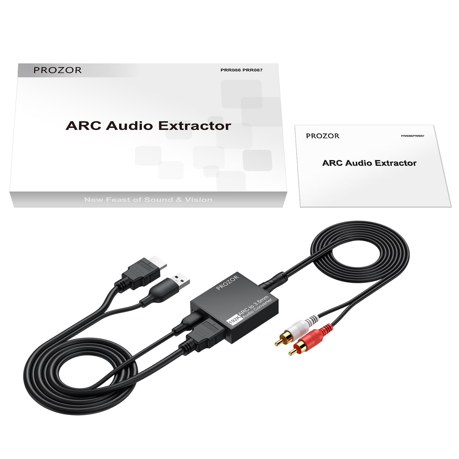PROZOR Convertitore HDMI ARC a Jack 3.5mm per TV Estrattore Audio con Controllo Volume CEC, Uscita Stereo PCM 192kHz per Cuffie/Altoparlanti, Alimentazione USB (Cavi HDMI e RCA Inclusi)