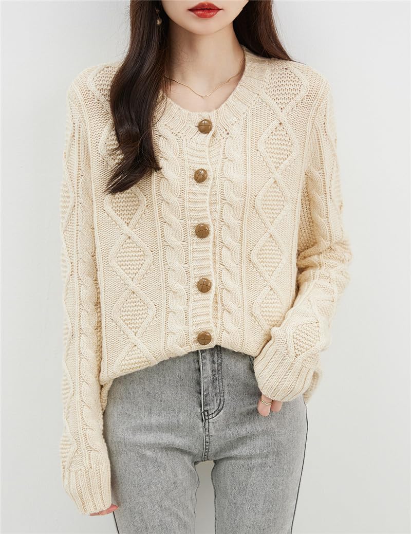 Dninmim Cárdigan de lana de manga larga para mujer, suéter de punto con cuello redondo, estilo vintage