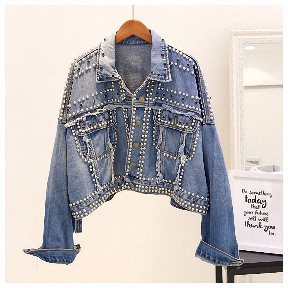 Hiuwa Jacket Women Autumn Hand Rivet Studded Denim Jacket Loose Outwear Students Casual Short Jeans Coats