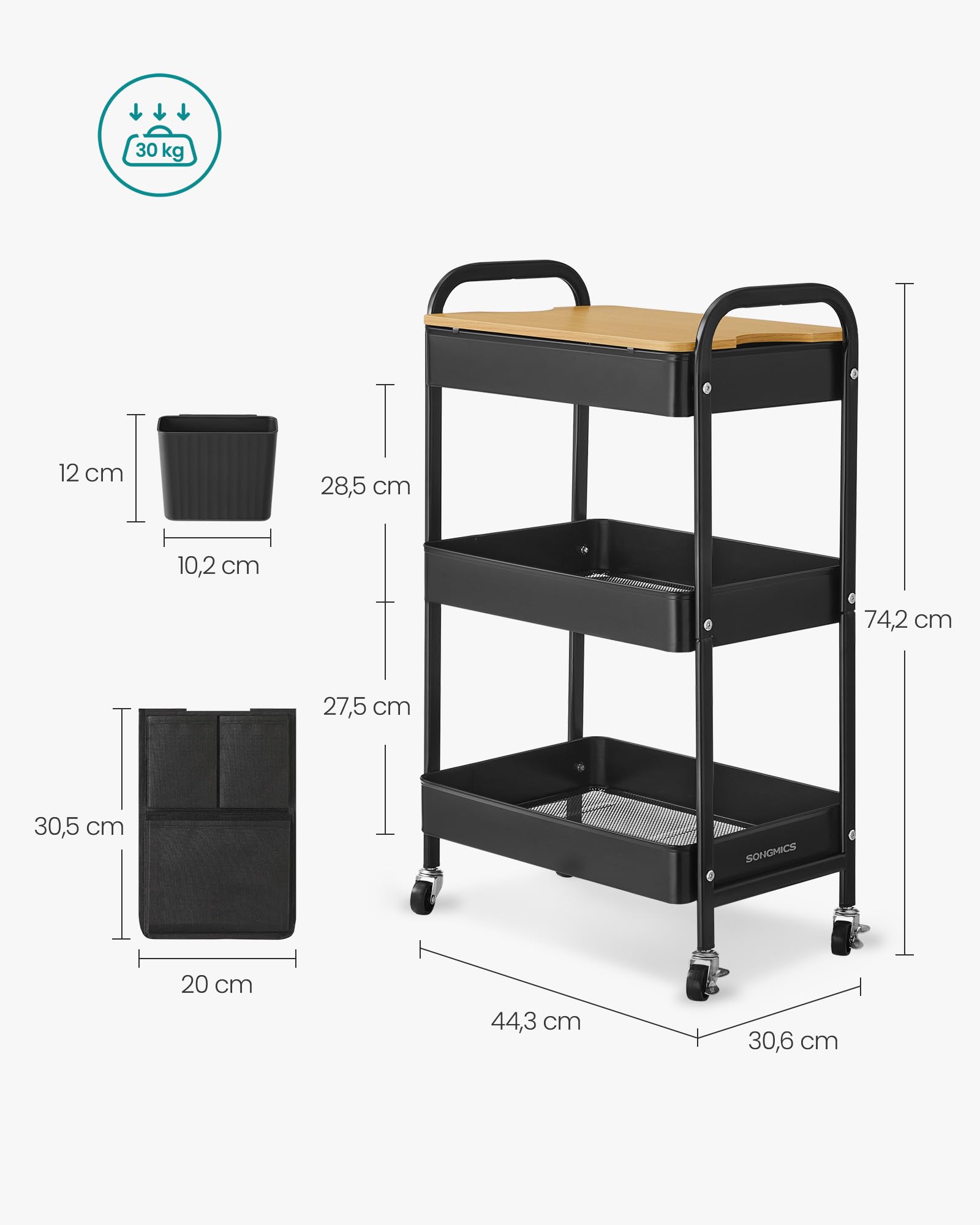 SONGMICS Chariot de Rangement à 3 Niveaux, Chariot Roulant avec Table Supérieure, 2 Pots Amovibles, 6 Poches Latérales, pour Salon, Bureau, Cuisine, Noir d’Encre LRC036B01