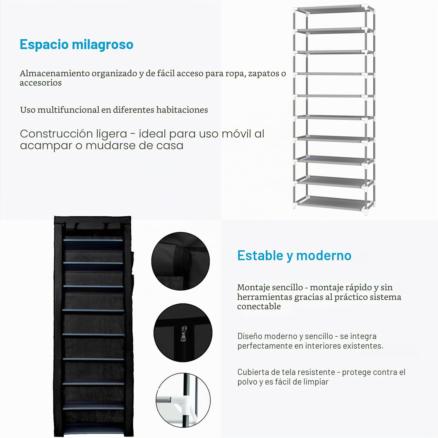 INTIRILIFE Armario Plegable 170 x 58 x 28 cm en Cuervo Negro – con Cremallera – Armario Zapatero con 9 estantes – Armario para Camping – Armario Textil