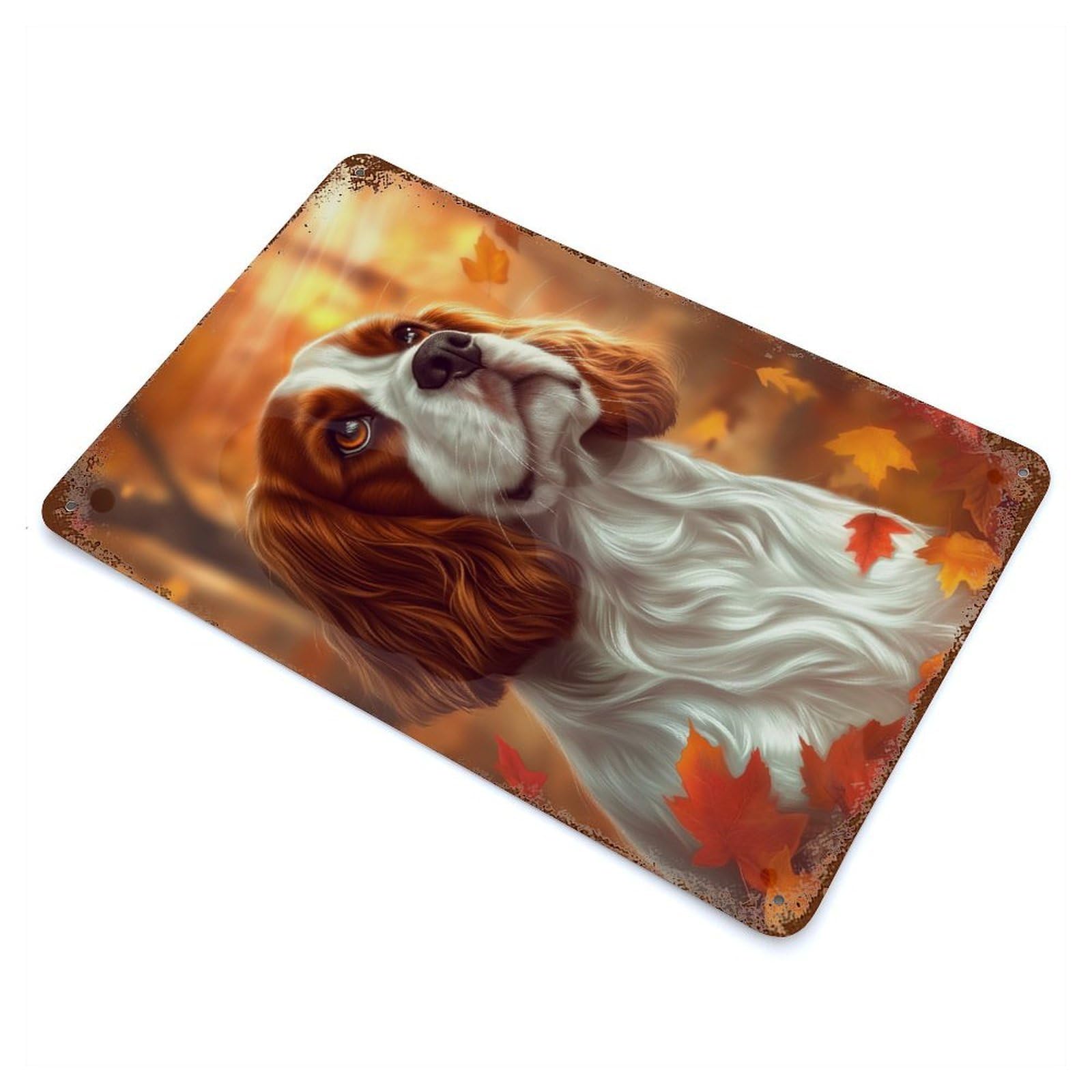 Cavalier King Charles Spaniel Autumn Portrait 11.8"x7.9" Rustic Tin Plaque, Industrial Home Decor for Farmhouse, Kitchen And Entryway Decor
