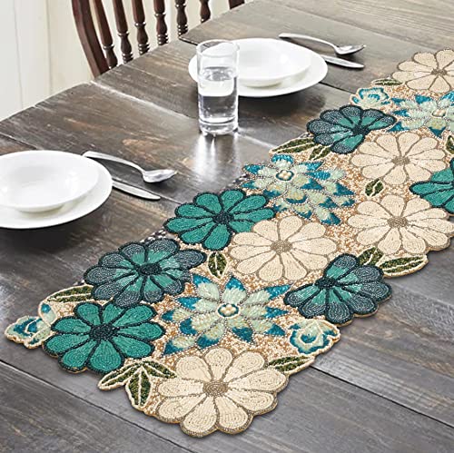 Beaded Runner, Beaded Table Runner 36 Inch, Rustic Farmhouse Hand Beaded Runner To Decorate Harvest Xmas Wedding Family Party Bridal Shower Dinner Table Décor - 13X36 Inch - Teal Combo #TOP7