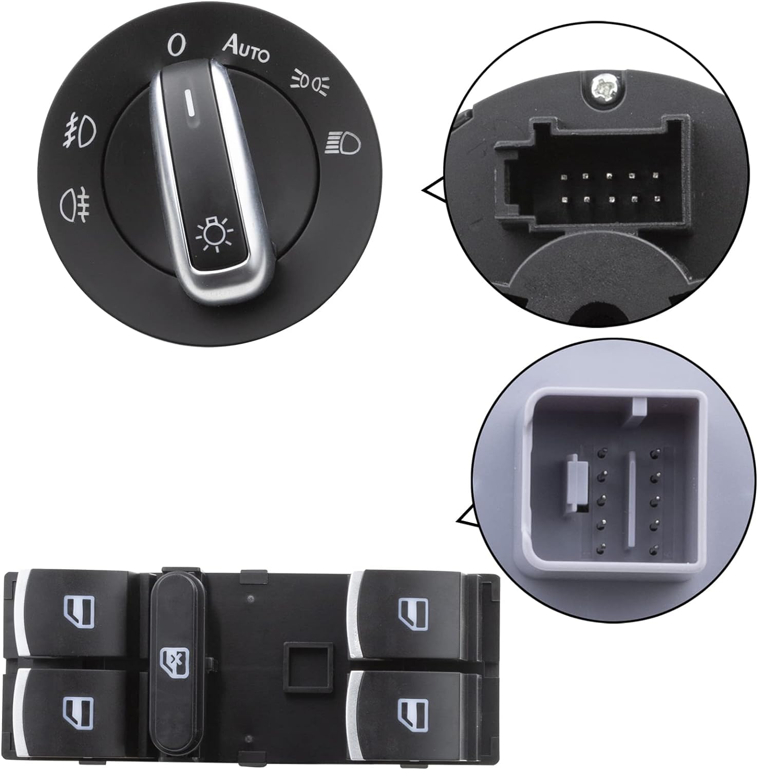 set da 6 interruttori per alzacristalli, fari e luci cromati per VW Golf 5 6 Passat 3C, compatibili con OEM: 5ND959857 5ND941431B 5ND959565A 5ND959855