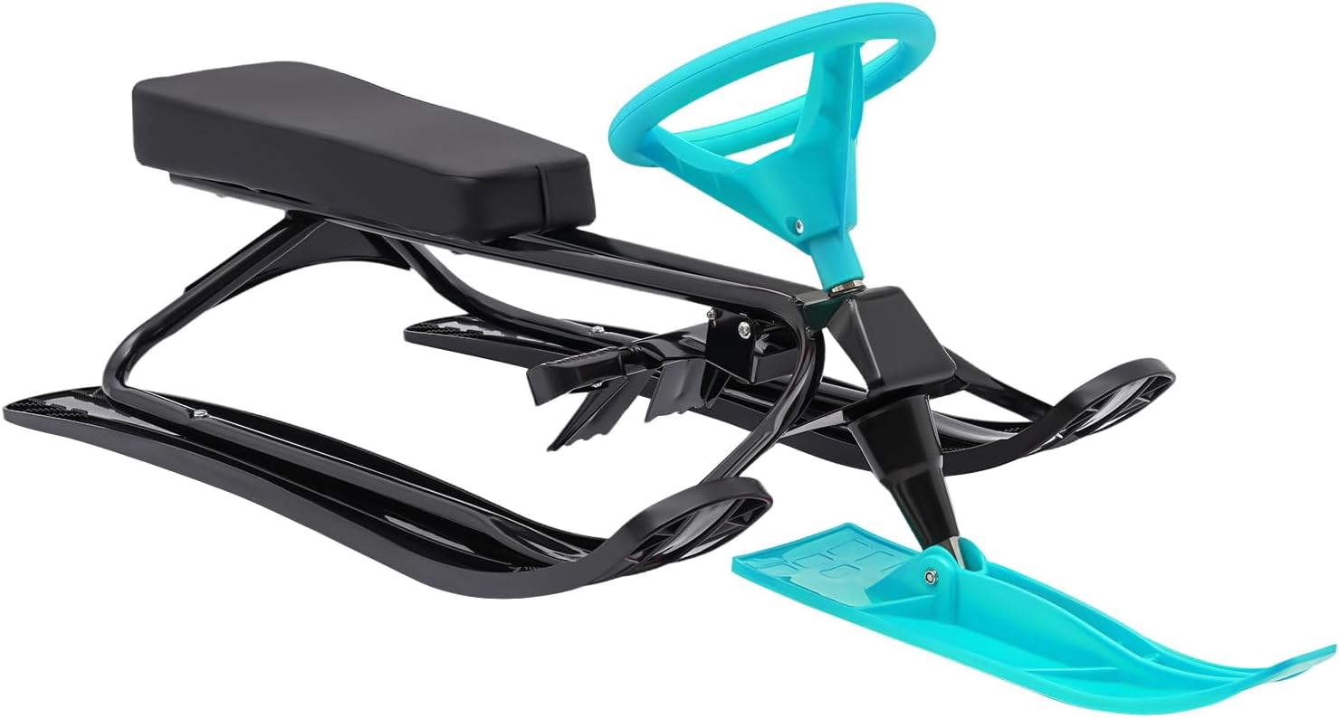 Snow Racer Sled, 18in L Ski Sled Slider Board with Steering Wheel and Twin Brakes, Cool Kart Design, Load Capacity 220.5lb for Both Adults and Children.