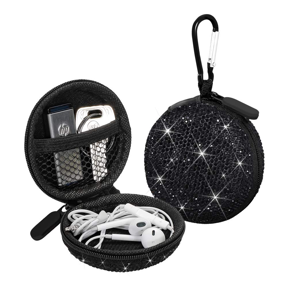 SAVORI Carrying Headphone Case Bag Small Earbud Case Bling Rhinestone Crystal Mini Portable Earphone Storage Bag Pouch for Earset & Mini Items with Carabiner (Black)