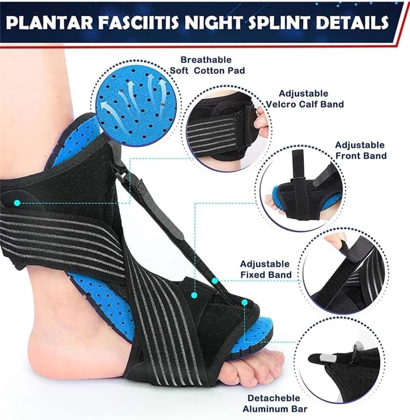 Férula ortopédica para pie caído, soporte nocturno para fascitis plantar, férula de tobillo con pelota de masaje, ortesis ajustable y transpirable para pie caído para alivio del dolor (azul) (neg